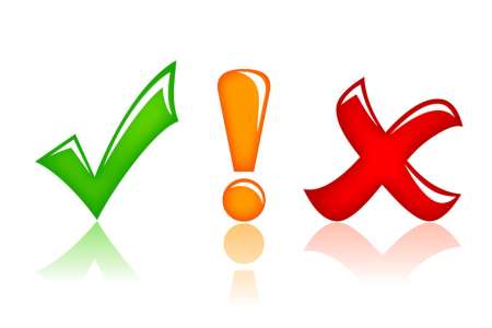 Green checkmark, yellow exclamation point, and red X