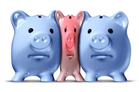 Pink piggy banks squeezed by two blue piggy banks