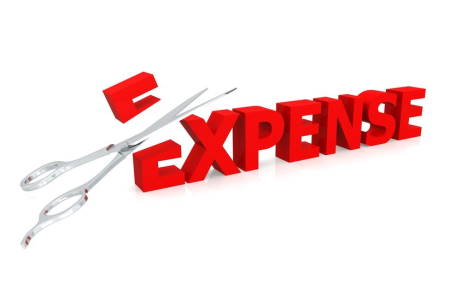 Scissors cutting through red lettters spelling "Expense"