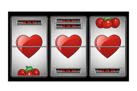 Slot machine displaying three red hearts