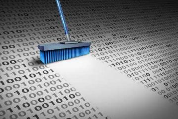 Blue broom sweeping away computer data (ones and zeros)